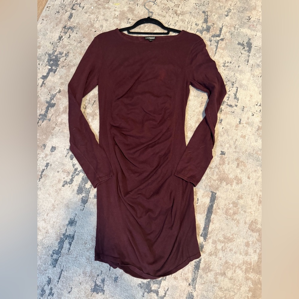 Express Burgundy Long Sleeve Ruched Midi Sweater Dress Size Medium